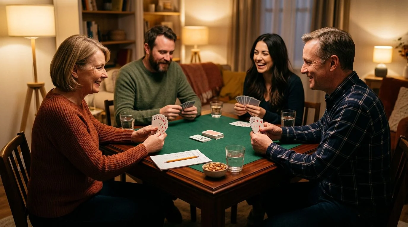 Four adults smiling and playing cards together around a green table