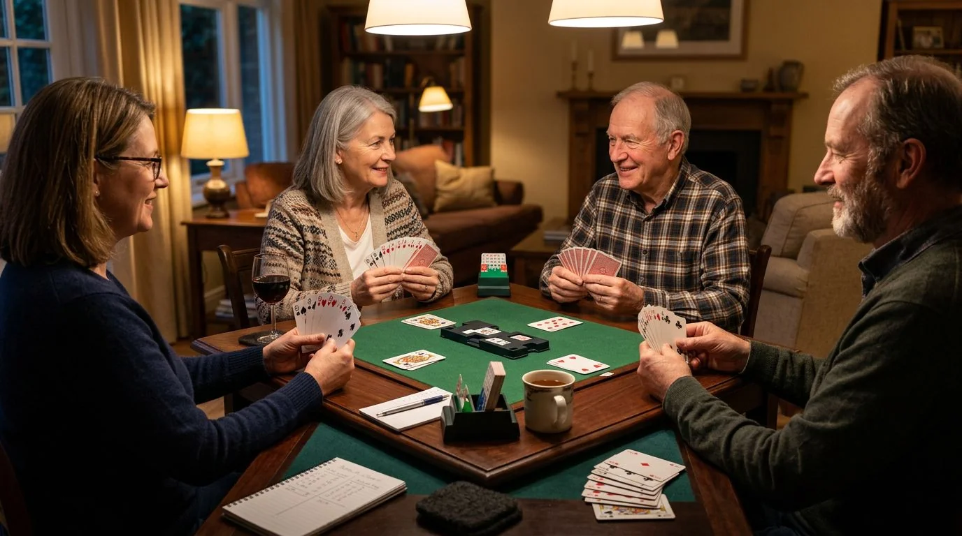 Four adults playing cards at a green table in a warmly lit room