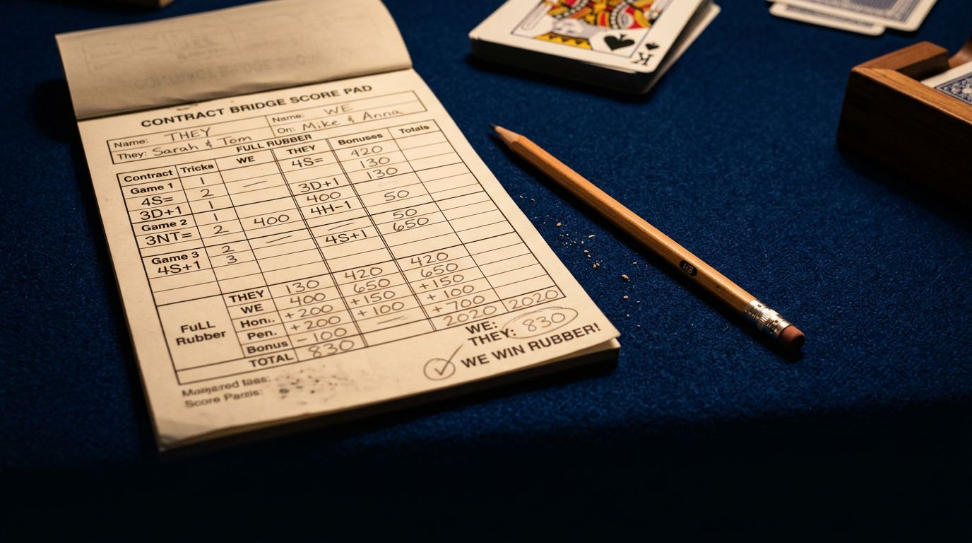 Comprehensive bridge scoring reference covering trick values, game bonuses, slam bonuses, penalties, vulnerability, [...