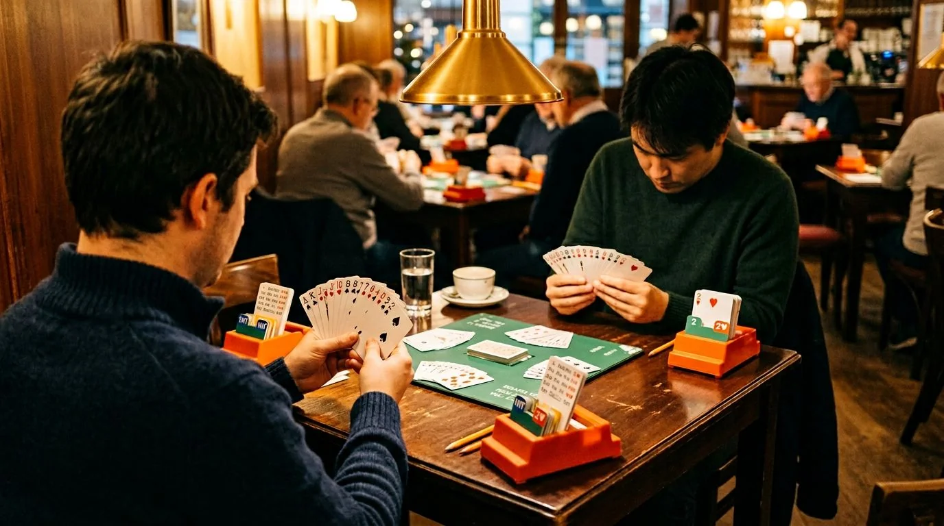 Two bridge players holding their hands across a green card table