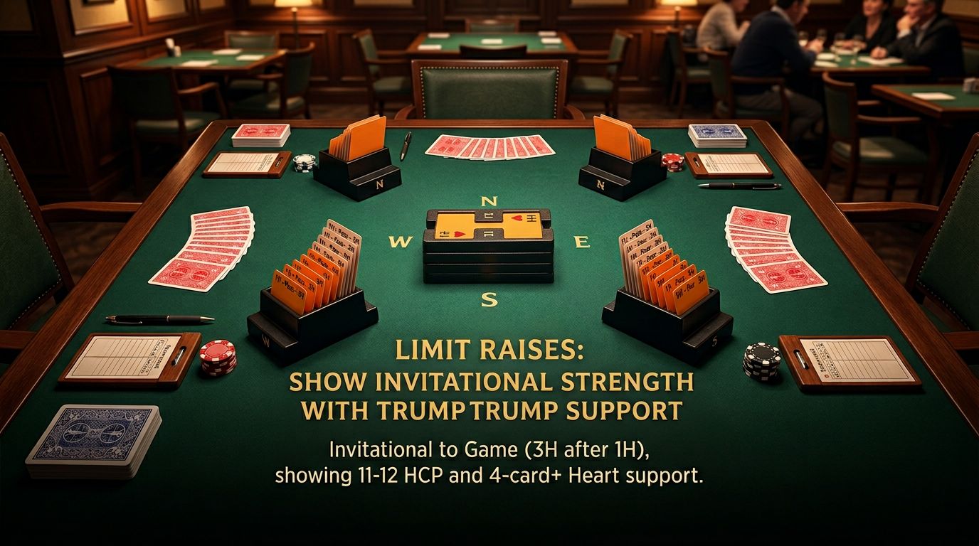 Master limit raises - jump raise showing 3-card support and 10-12 HCP. Invitational bid that lets opener decide. Lear...