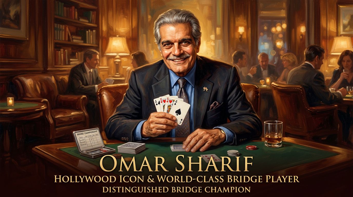 Omar Sharif - Hollywood star and world-class bridge player. Learn about his bridge career, famous hands, partnerships...