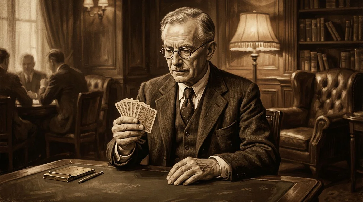 A sepia-toned portrait of a historical card player seated at a table