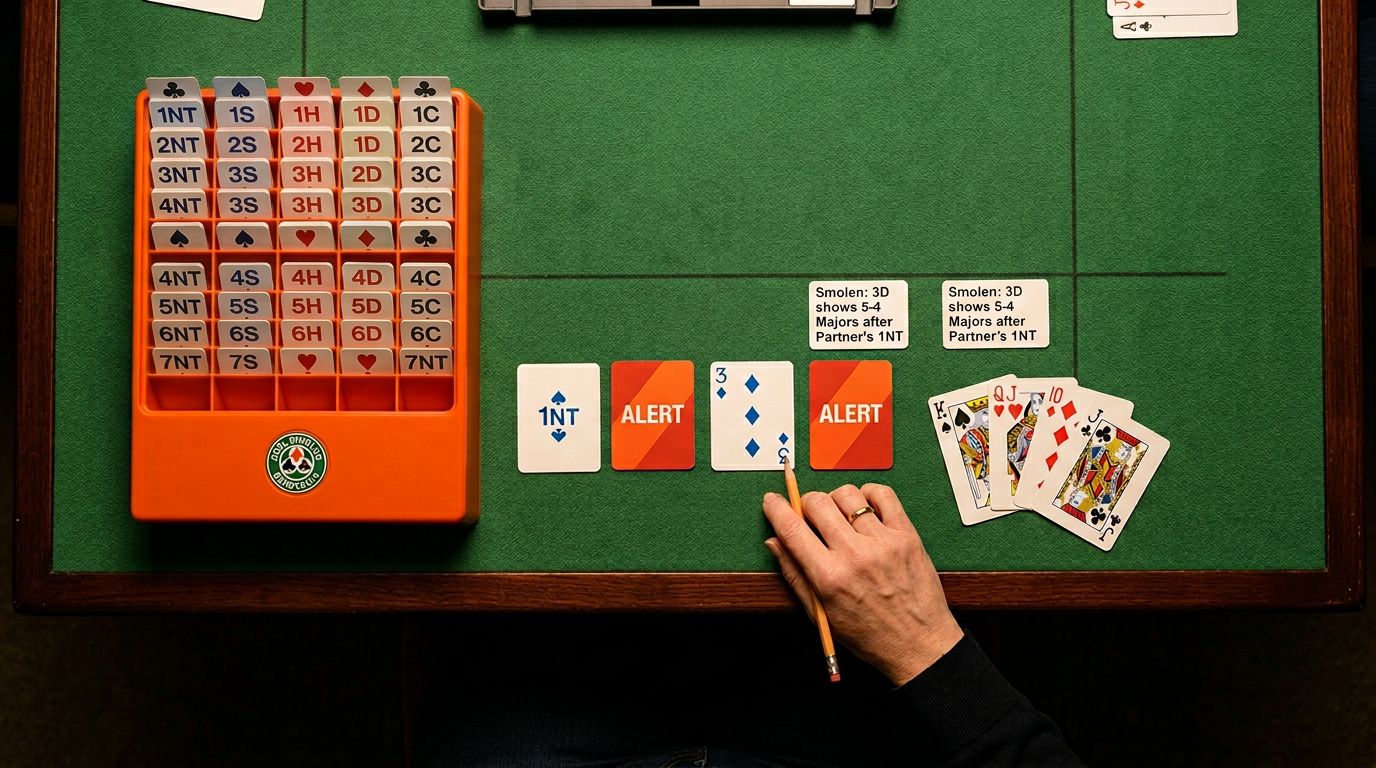 Master Smolen: jump to 3♥ (5 spades, 4 hearts) or 3♠ (5 hearts, 4 spades) after Stayman with game-forcing values. Rig...