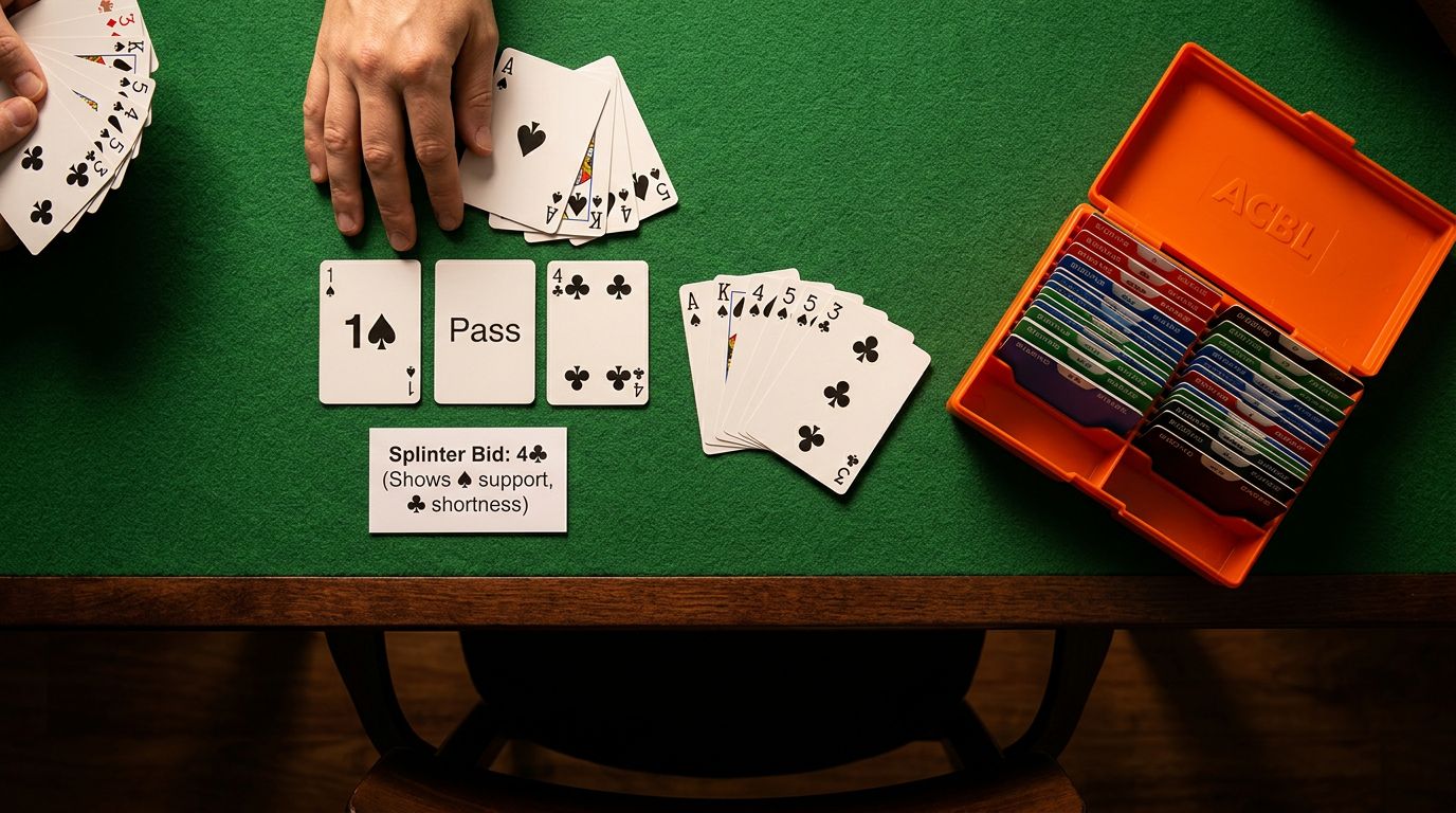 Learn splinter bids: unusual jump showing 4+ support, game-forcing values, and singleton/void. Helps partner evaluate...