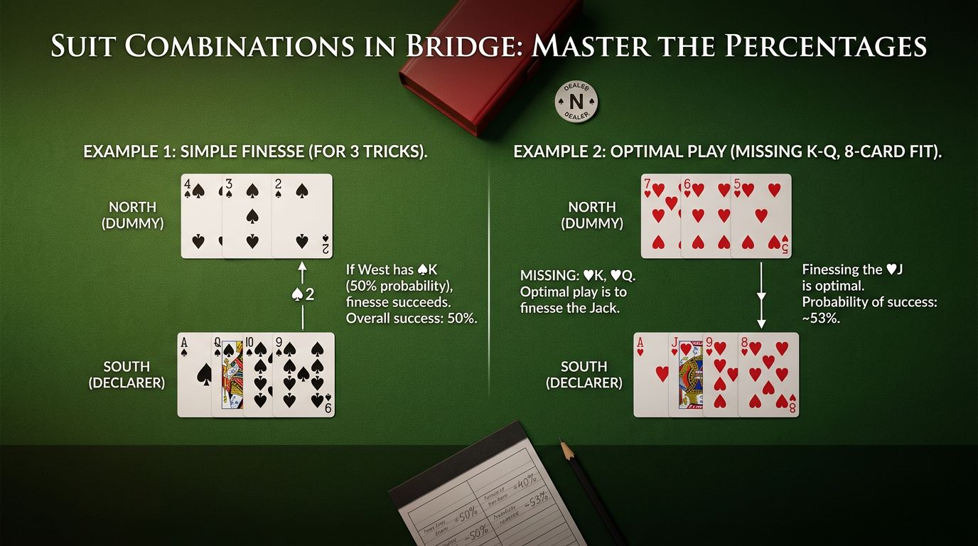 Learn essential bridge suit combinations and percentage plays. Master when to finesse, when to play for the drop, and...