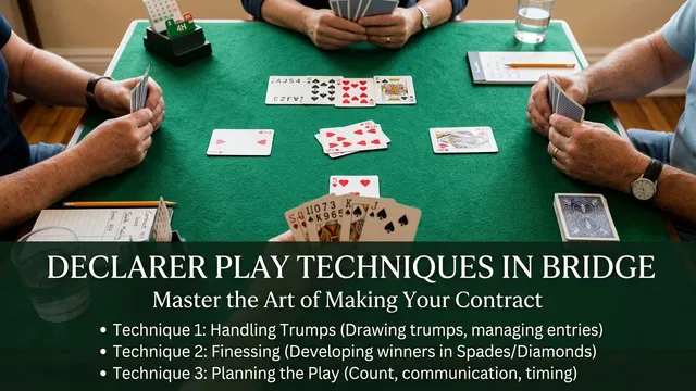 Learn essential bridge declarer play techniques including planning, entry management, hold-up plays, and timing. Comp...