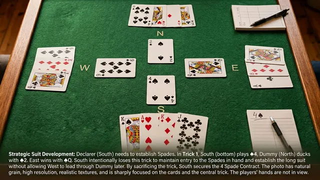 Master the art of ducking in bridge declarer play. Learn when to intentionally lose tricks early, including hold-up p...