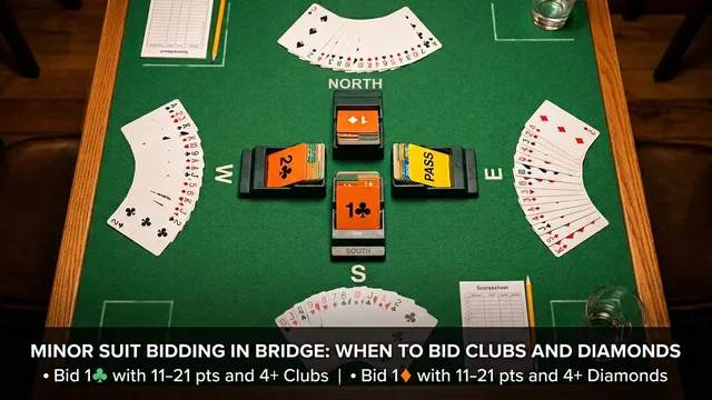 Master bridge minor suit bidding with our comprehensive guide covering 1♣ and 1♦ openings, responses, inverted minors...