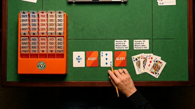 Bridge strategy illustration for smolen transfer: show 5-4 in majors after stayman (comple...