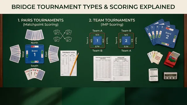 Complete guide to bridge tournament formats including pair games, team events, IMP vs matchpoint scoring, stratified ...