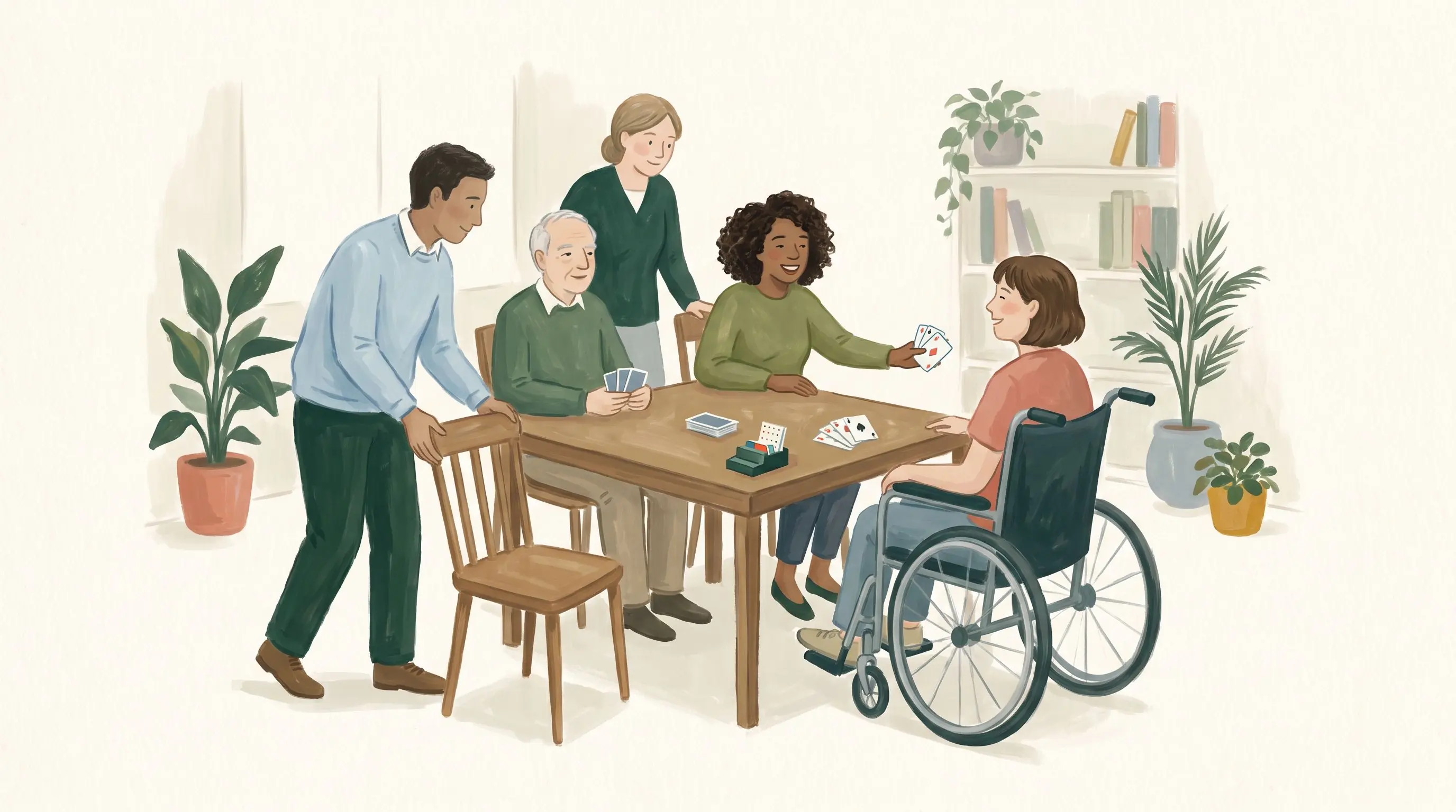 A diverse bridge group making room at an accessible table for a new player using a wheelchair