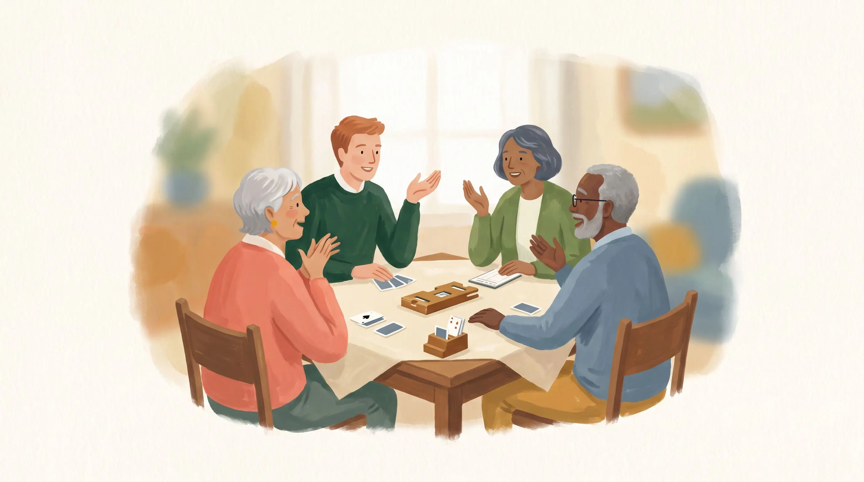 Four bridge players animatedly discussing a completed board with everyone contributing