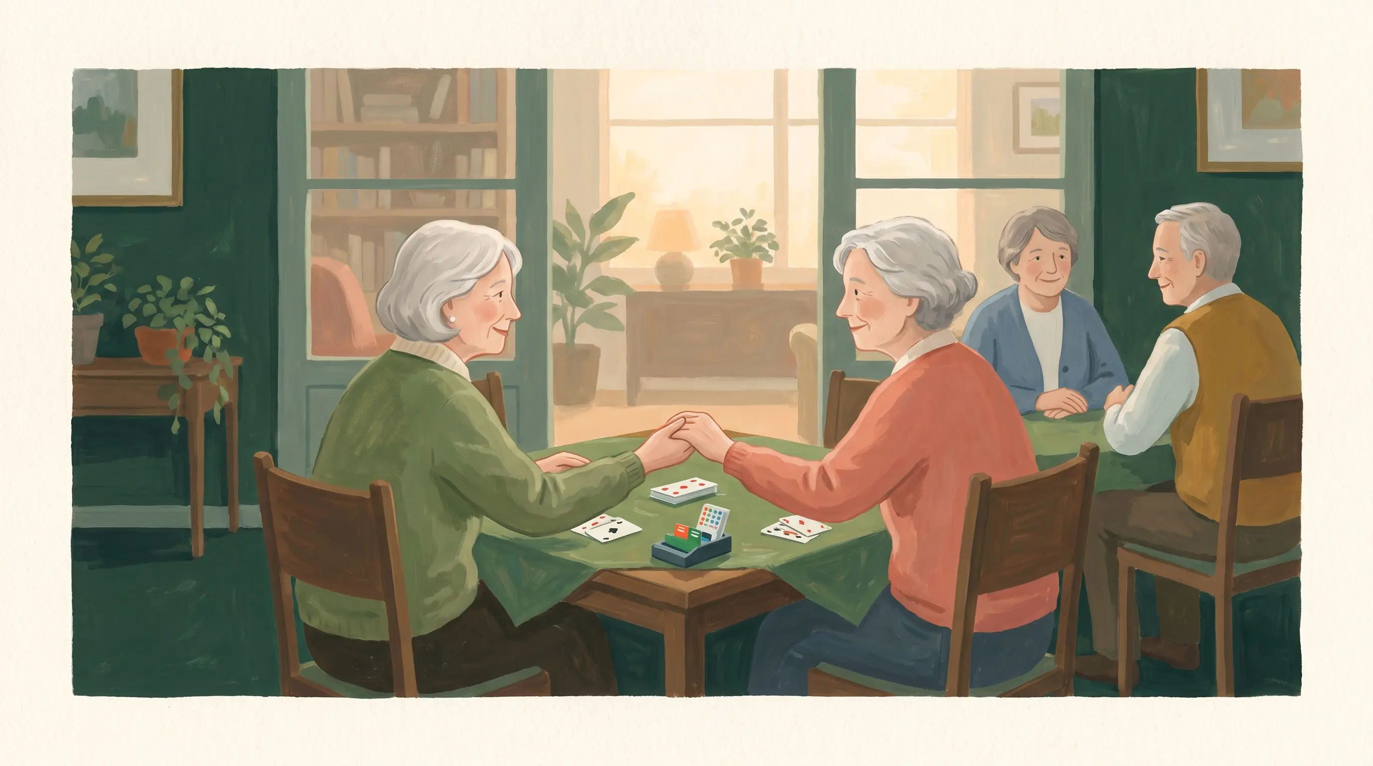 Two longtime bridge partners clasping hands warmly across the table after play