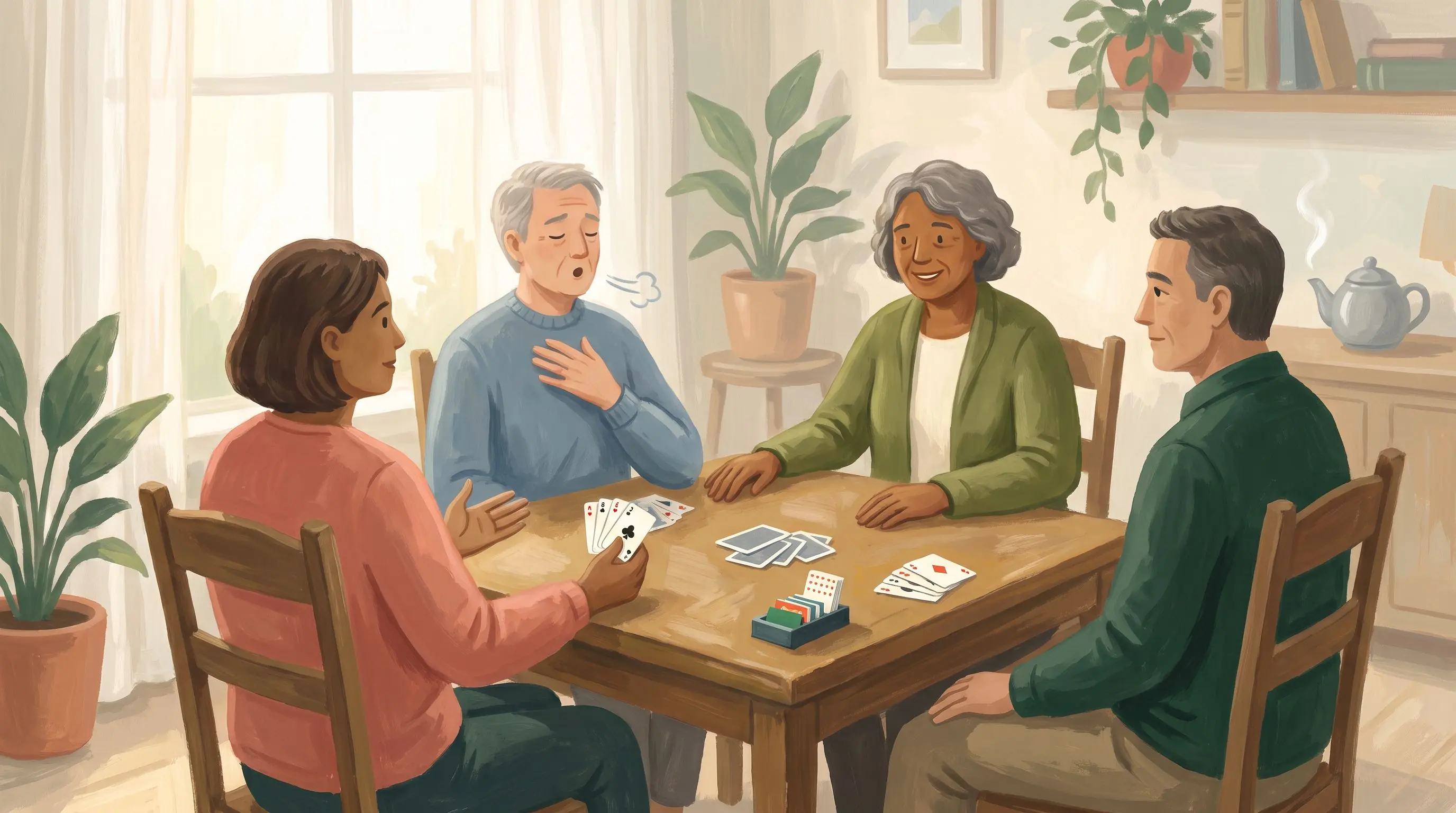 Four bridge players settling into a calm pause together after a difficult hand
