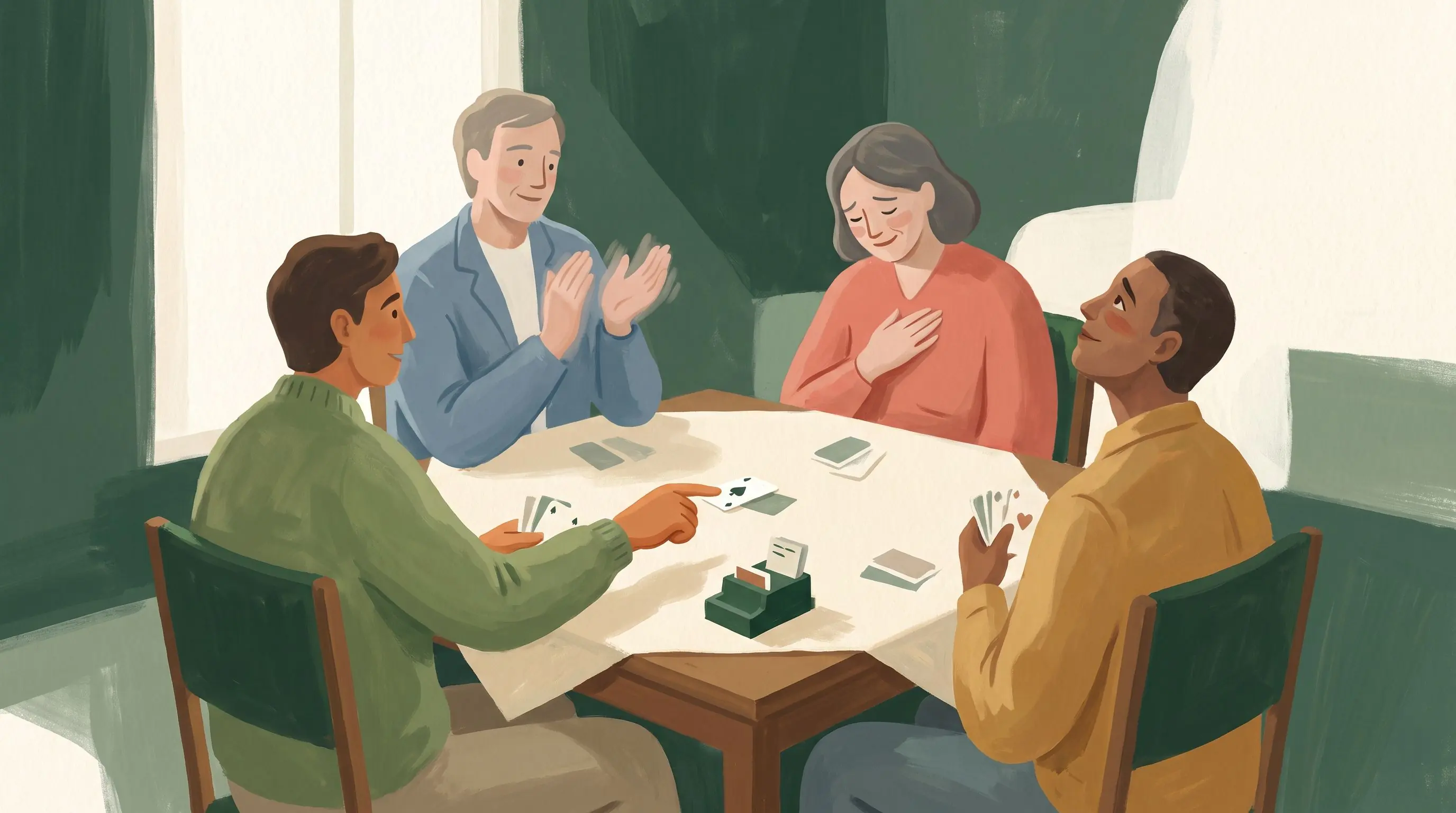 Bridge players warmly recognizing one player’s effort and progress at the table