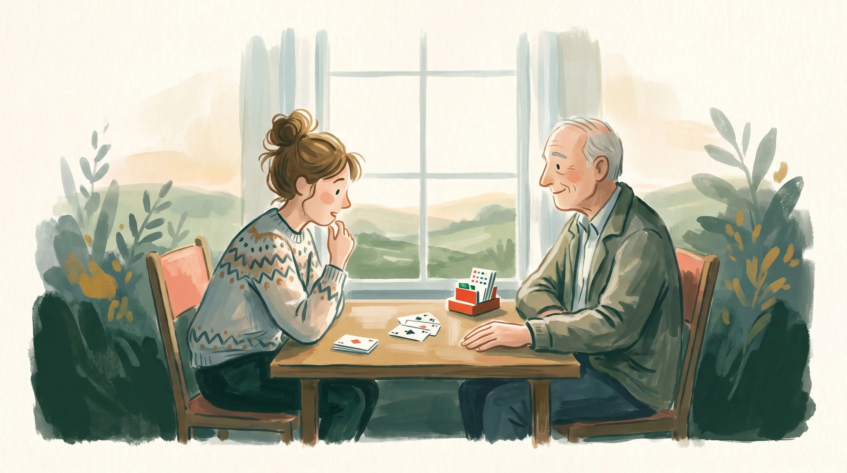 A curious bridge player leaning toward a mentor over a newly revealed hand